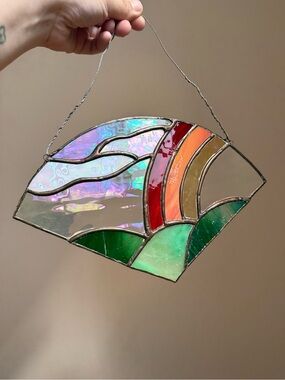 Rainbow Hills Clouds Handmade Stained Glass Wedge Hanging Window Sun Catcher